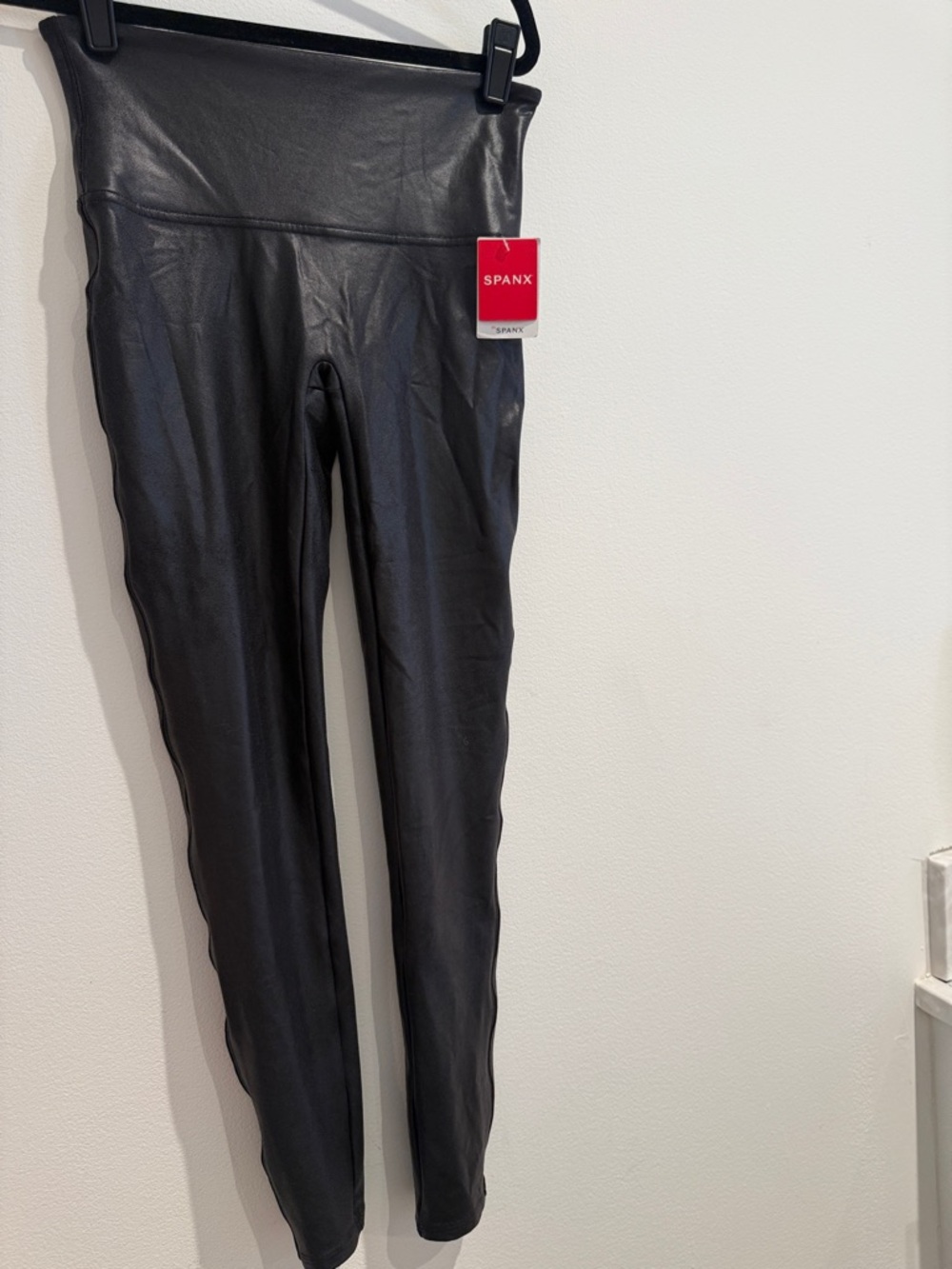 SPANX Black Faux Leather High-Waist Leggings with Red Tag